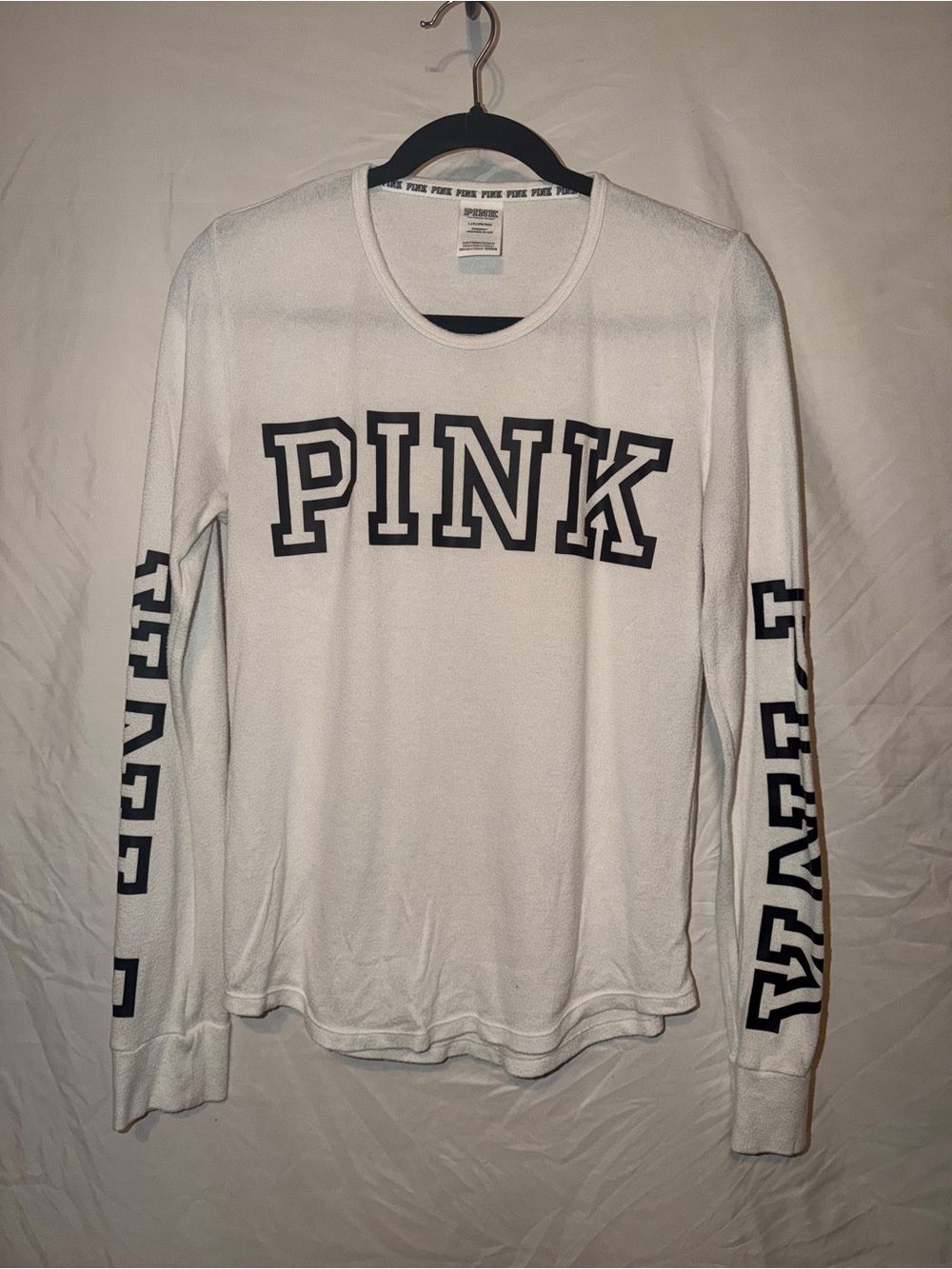 Victoria's Secret PINK White Long-Sleeve Crew Tee with Black Logo